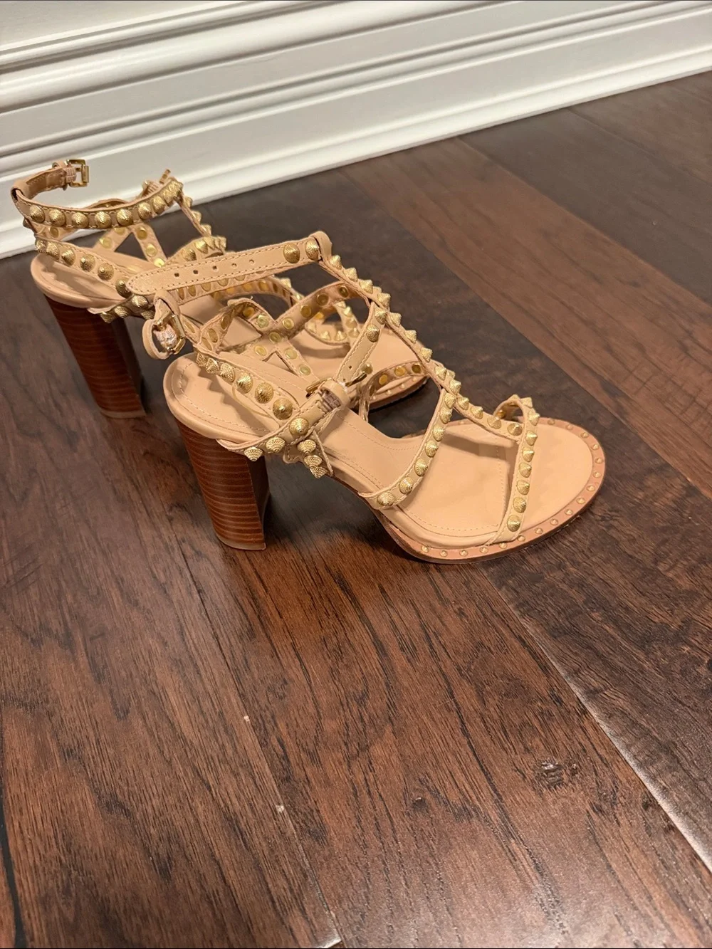 Ash Nude Gladiator Heeled Sandals with Gold Studs